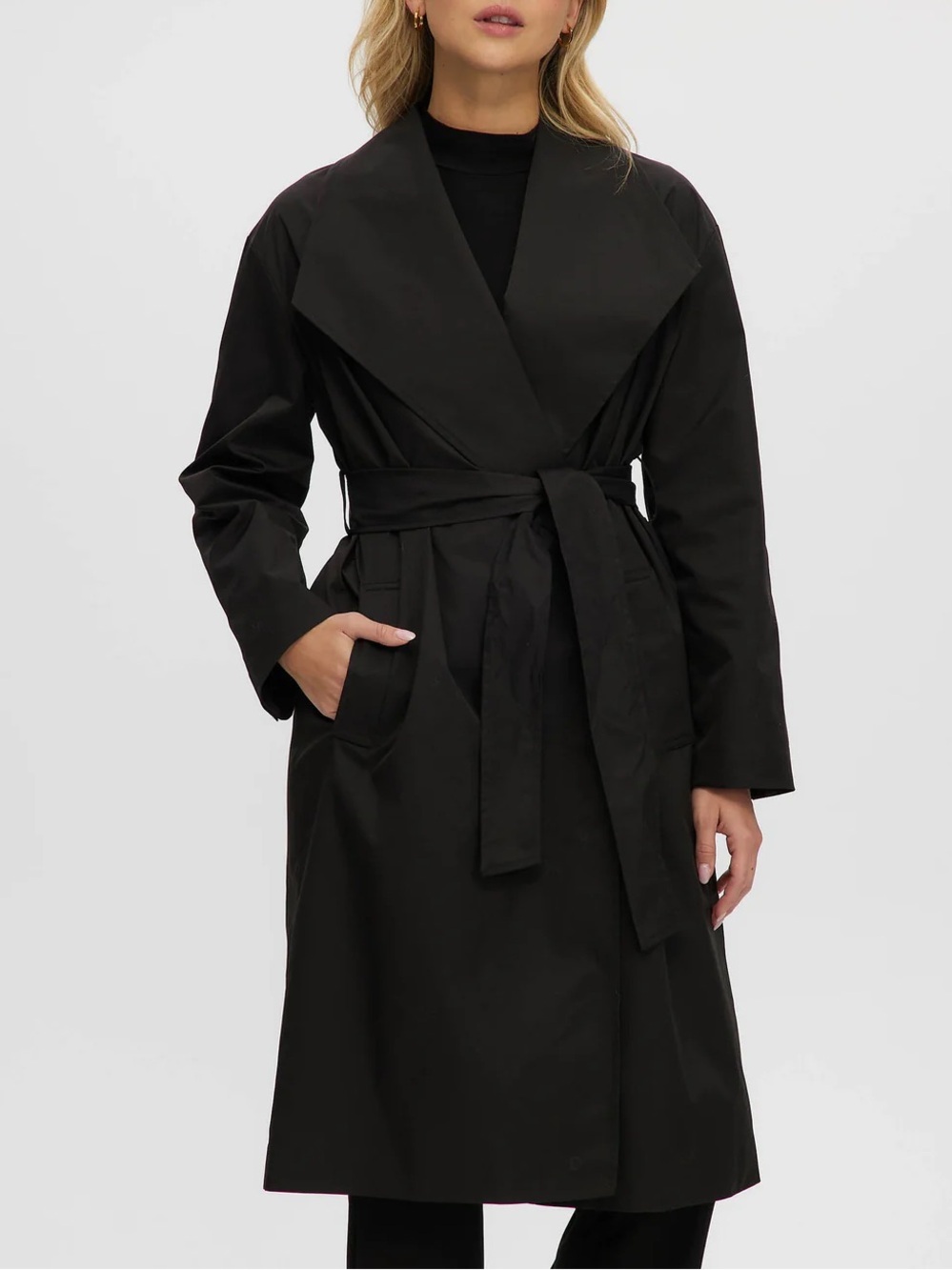 NWT Noize Rose Long Length Trench Coat Black Belted Open Sz M